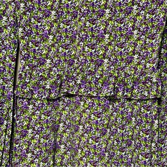 Les Reveries Ruffle Picnic Mini Floral 100% Silk Dress in Ditsy Purple Pansies - Picture 9 of 12